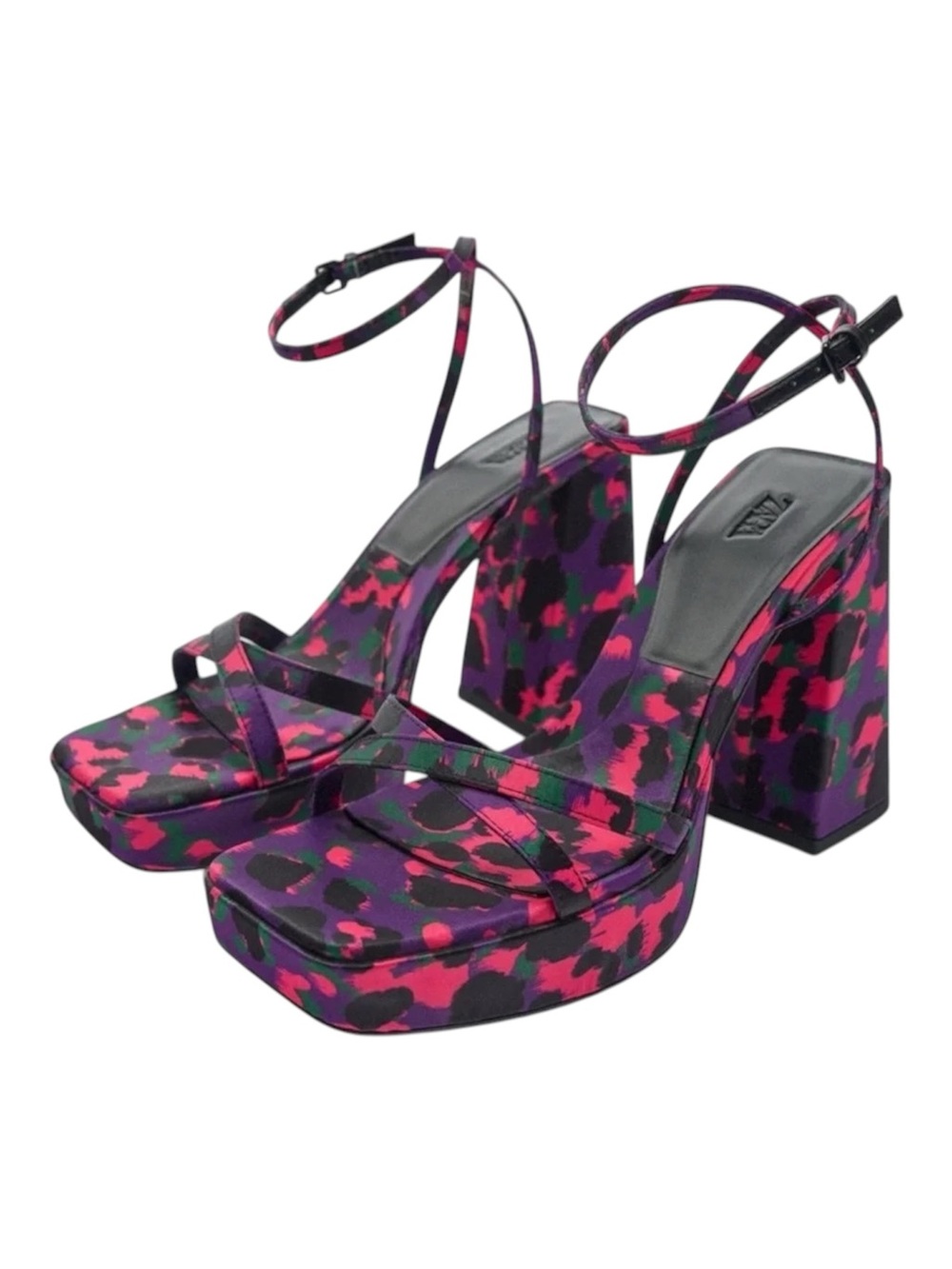 Zara Pink & Purple Animal Print Platform Ankle-Strap Heels
